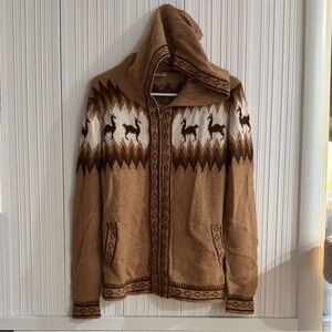 Unisex Tan Hooded Sweater with Deer Pattern